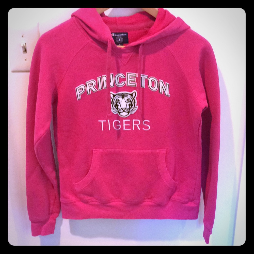 Princeton Univ. pink hooded Champion sweatshirt.